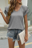 Casual Simplicity Solid Flounce Solid Color V Neck T-Shirts(9 Colors)