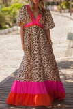 Fashion Elegant Leopard Patchwork Flounce V Neck A Line Dresses(3 Colors)
