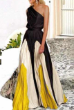 Fashion Elegant Patchwork Contrast Oblique Collar Waist Skirt Dresses