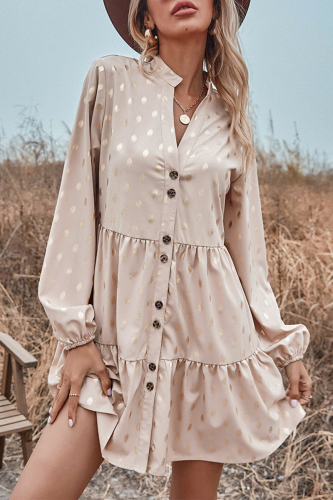 Fashion Elegant Dot Patchwork Buckle V Neck A Line Dresses
