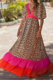 Fashion Elegant Leopard Patchwork Flounce V Neck A Line Dresses(3 Colors)