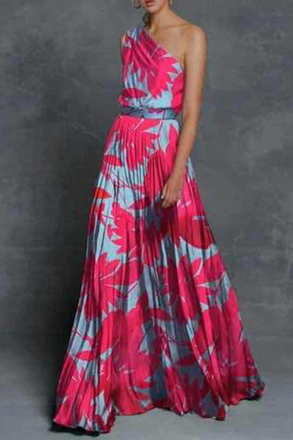 Fashion Elegant Print Patchwork Oblique Collar Sleeveless Dress Dresses