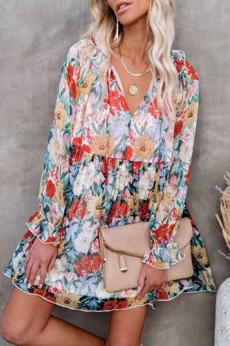 Elegant Floral Patchwork Frenulum V Neck A Line Dresses