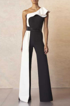 Casual Patchwork Flounce One Shoulder Straight Jumpsuits