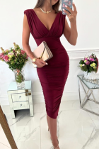 Sexy Solid Patchwork V Neck Pencil Skirt Dresses