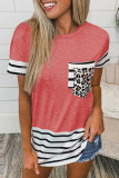 Casual Striped Leopard Patchwork Pocket T-Shirts
