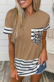 Casual Striped Leopard Patchwork Pocket T-Shirts