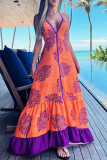 Sexy Vacation Print Backless V Neck Beach Dress Dresses