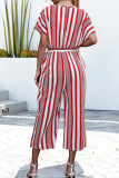 Casual Striped Contrast V Neck Loose Jumpsuits