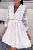 Sweet Elegant Solid Lace Hollowed Out V Neck A Line Dresses