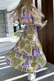Elegant Geometric Patchwork With Belt V Neck Printed Dress Dresses