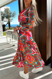 Elegant Geometric Patchwork With Belt V Neck Printed Dress Dresses