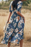 Bohemian Vacation Floral Patchwork Slit V Neck Waist Skirt Dresses