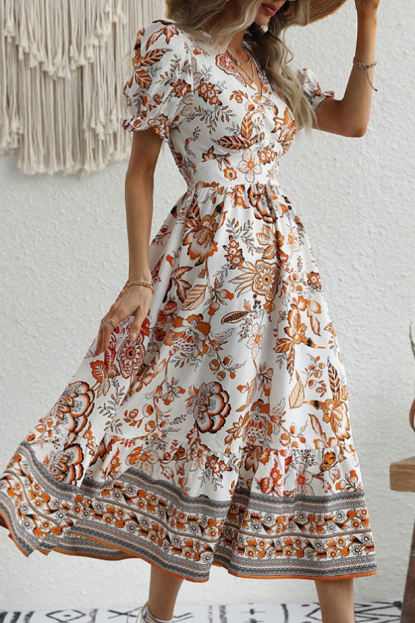 Elegant Vacation Tie Dye Patchwork V Neck Printed Dress Dresses