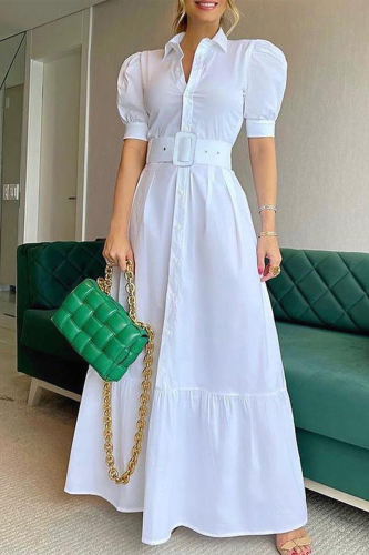 Fashion Elegant Striped Solid Buckle With Belt Shirt Collar A Line Dresses