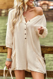 Casual Simplicity Solid Pocket Buckle O Neck Loose Rompers