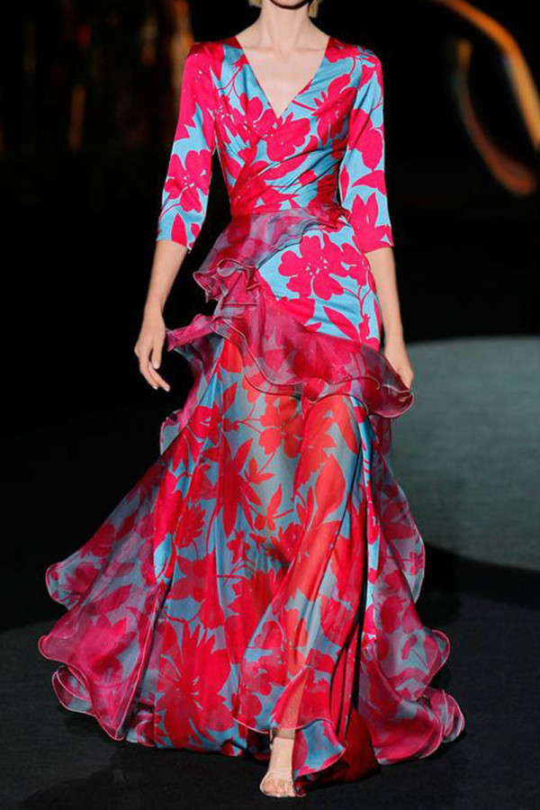 Fashion Celebrities Floral Flounce Printing V Neck Printed Dress Dresses