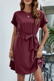 Casual Daily Solid Bandage O Neck Waist Skirt Dresses