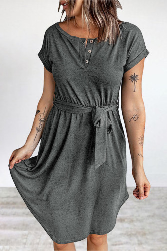 Casual Daily Solid Buttons O Neck Short Sleeve Dress Dresses