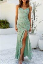 Fashion Street Print Draw String V Neck Irregular Dresses