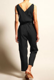Fashion Casual Solid Patchwork V Neck Loose Jumpsuits