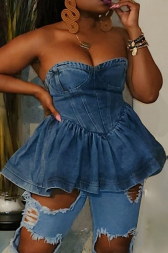 Sexy Casual Patchwork Backless Strapless Sleeveless Skinny Denim Tops