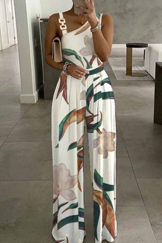 Casual Print Patchwork Asymmetrical Collar Jumpsuits