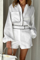 Daily Simplicity Solid Pocket Contrast Turndown Collar Long Sleeve Two Pieces