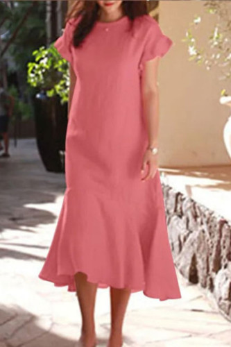 Casual Simplicity Solid O Neck Pleated Dresses