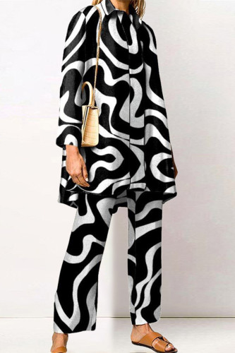 Casual Geometric Printing Turndown Collar Long Sleeve Two Pieces(8 Colors)