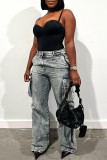 Casual Street Solid Make Old Patchwork Pocket Buttons Zipper Mid Waist Straight Denim Jeans