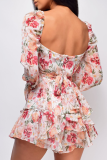 Street Floral Frenulum Backless Square Collar Rompers