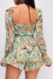 Street Floral Frenulum Backless Square Collar Rompers