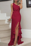 Elegant Solid Flounce Slit One Shoulder Evening Dress Dresses