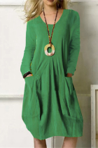 Fashion Casual Solid Pocket O Neck Long Sleeve Dresses
