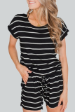 Casual Striped Solid Hollowed Out Buttons O Neck Straight Rompers