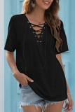 Casual Solid Cross Straps O Neck T-Shirts