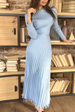 Elegant Solid Basic O Neck Pleated Dresses