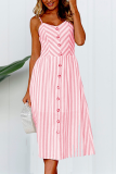 Casual Striped Patchwork Solid Pocket Buckle Waist Skirt Dresses
