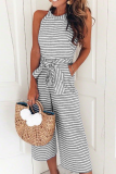 Casual Striped With Belt O Neck Regular Jumpsuits