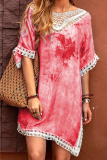 Casual Tie Dye Lace Hollowed Out O Neck A Line Dresses