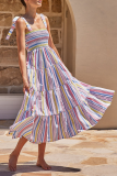  Vacation Striped Patchwork Strap Design Strapless Cake Skirt Dresses