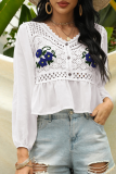 Casual Embroidery Lace Hollowed Out V Neck Tops