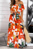 Elegant Floral Patchwork Flounce Off the Shoulder Cake Skirt Dresses