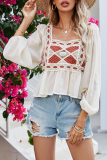 Casual Embroidery Lace Patchwork Square Collar Tops