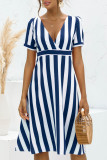 Fashion Sweet Striped Split Joint V Neck A Line Dresses