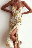 Fashion Elegant Print Backless High Opening V Neck Sling Dress Dresses