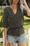 Fashion Casual Solid Draw String Buckle V Neck Tops