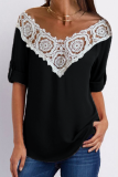 Casual Street Patchwork Lace Hollowed Out Contrast V Neck T-Shirts