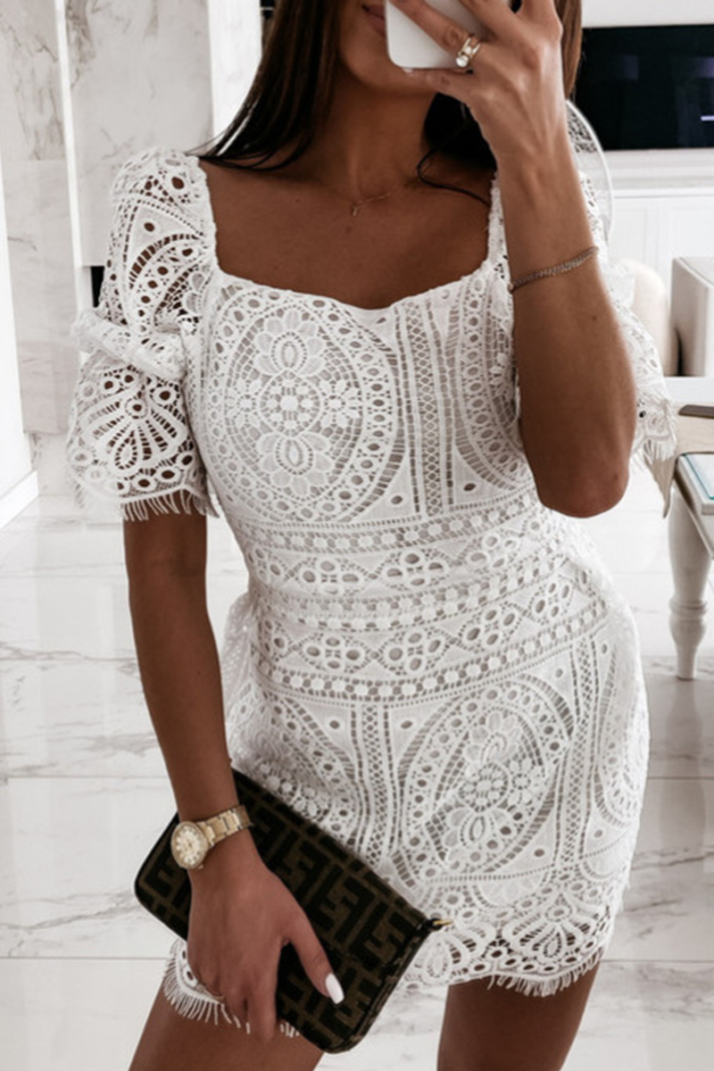 Sweet Solid Lace Fold Square Collar A Line Short Sleeve Dress